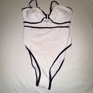 HXN One Piece Swimsuit Women L White Black New Eyelet Tummy Control Cutout